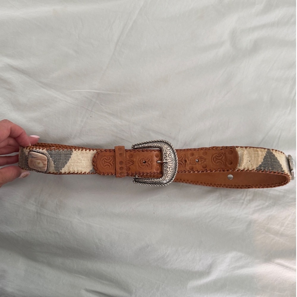 Mayan Designs Guatemala Belt Leather Woven Concho Stone Southwest Boho Western - Picture 2 of 8